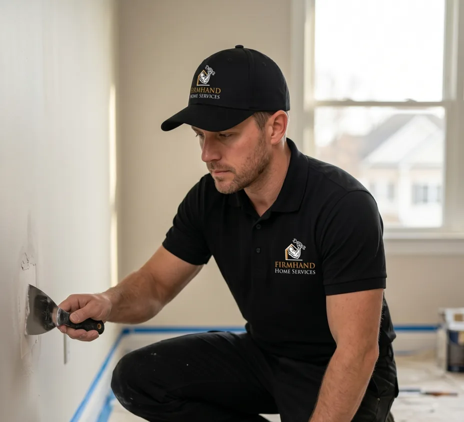 A Firmhand technician repairing and patching a wall on site at a Central Florida property