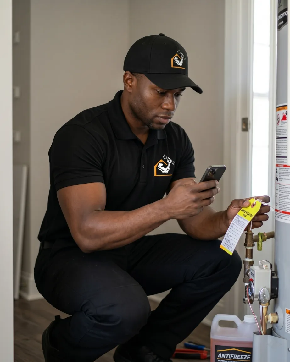 A Firmhand technician documenting a water-heater winterization to spec with photos